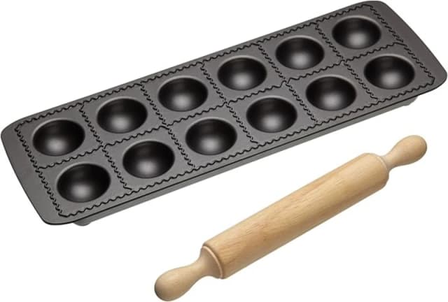 KitchenCraft World of Flavours Italian Non-Stick Ravioli Mould Tray with Rolling Pin