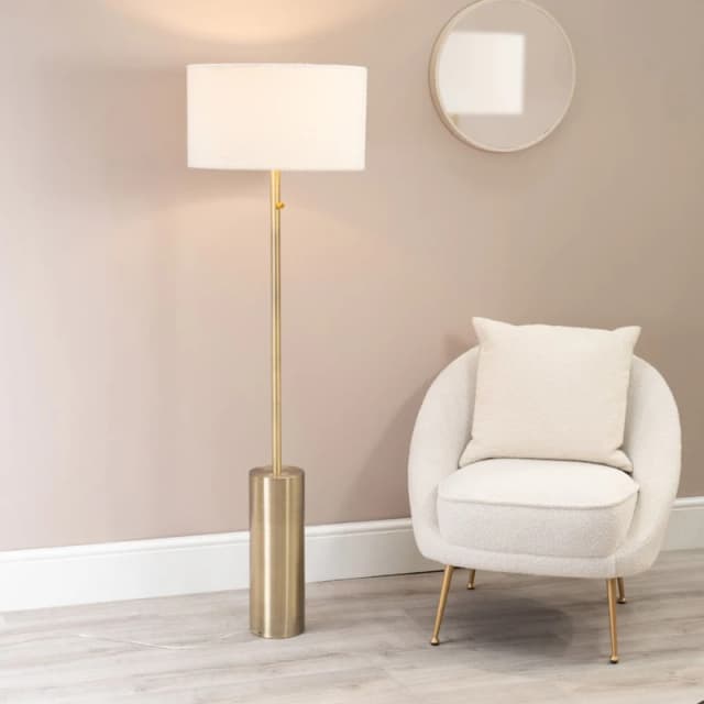 ValueLights Lexy Cream Boucle Shade with Antique Brass Dimmable Floor Lamp Cream
