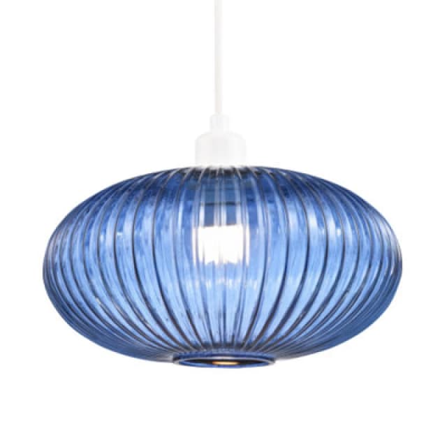 Happy Homewares Modern Designer Navy Midnight Blue Line Ribbed Glass Oval Pendant Lamp Shade