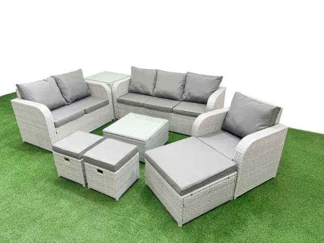 Fimous Patio PE Wicker 9 Seater Outdoor Rattan Furniture Sofa Sets with Square Coffee Table Reclining Chair Loveseat Sofa 3 Seater Sofa Stool Side Tab