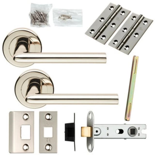 Loops Door Handle & Latch Pack Polished Nickel Straight Slim Lever Screwless Rose Metallics