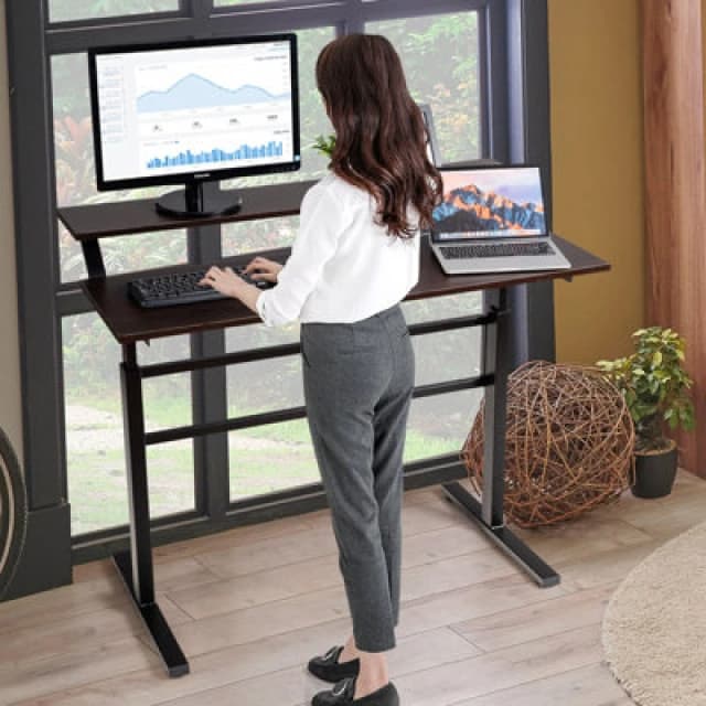 Costway 2-Tier Standing Computer Desk Sit To Stand Workstation Ergonomic Computer Table Brown