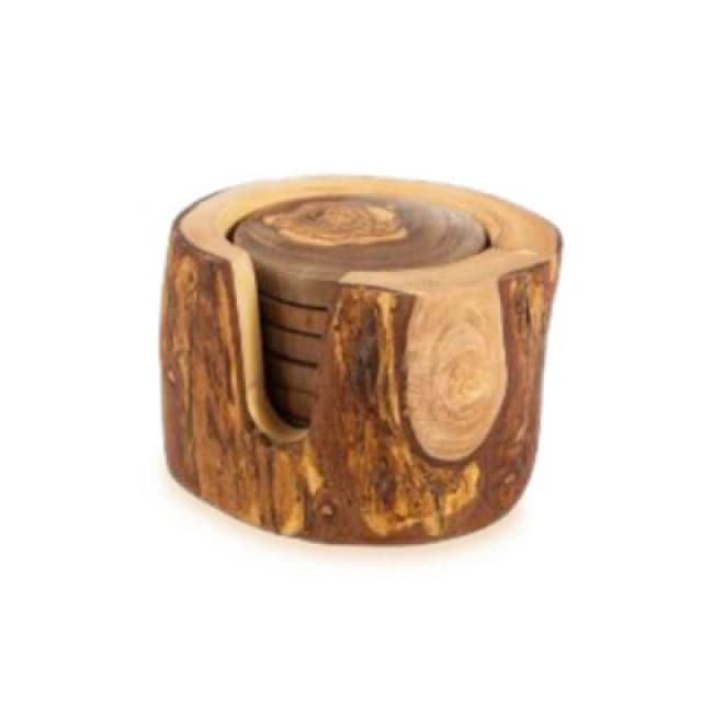Verano Spanish Ceramics Olive Wood Natural Grained Rustic Kitchen Dining Handmade Set of 6 Coasters In Box 8cm Natural unisex