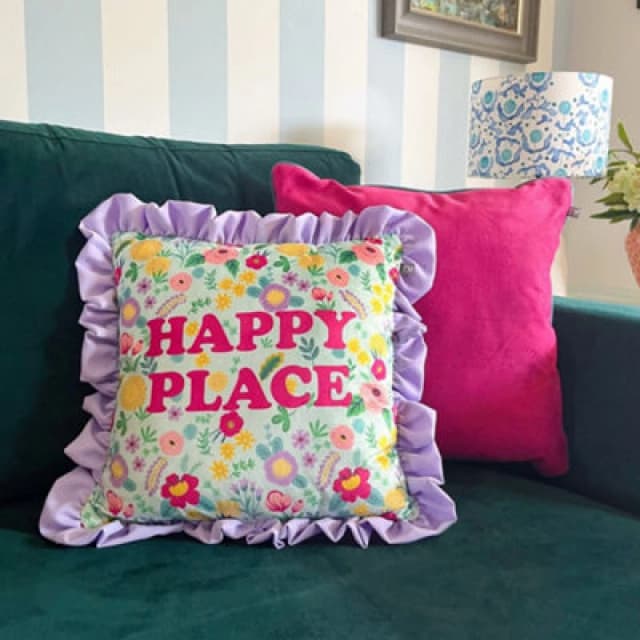 rucomfy Beanbags Rucomfy Velvet 45X45Cm Frilled Cushion - Purple Happy Place Design Throw Pillow