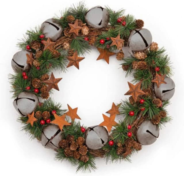 Shatchi 40cm Bells Starsand Pine Green Christmas Wreath Silver