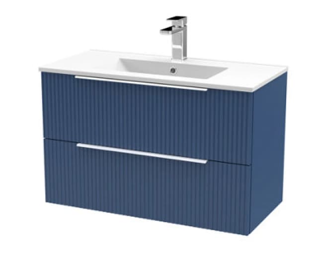 HUDSON REED Hudson Reed - Fluted Satin Blue 800mm Wall Hung 2 Drawer Vanity Unit and Minimalist Ceramic Basin - DFF395B DFF395B