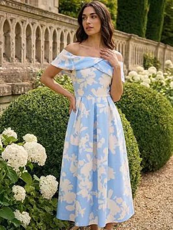 Roman Womens Floral Bardot Premium Stretch Midi Dress in Light Blue Size: 16 Light Blue Female 16