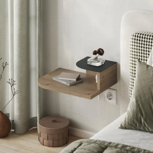 Decortie Floating Bedside Table Modern Corner Design Nightstand 30Cm Wall-Mounted W/ LED Lamp In 3-Tones For Bedroom, Natural Oak