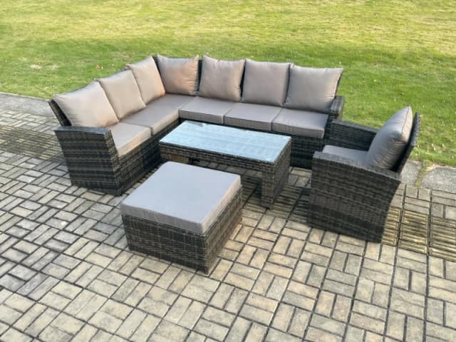 Fimous 8 Seat Rattan Garden Furniture Corner Sofa Set Outdoor Patio Sofa Chair Table Set with Big Footstool Dark Grey Mixed Dark Grey Unisex