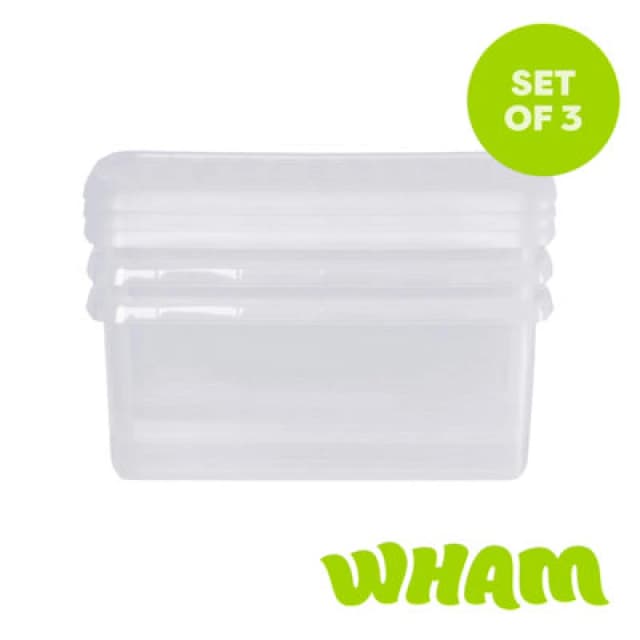 Wham Clip 3X 10.5L Rectangular Plastic Storage Boxes With Clip Lock Lids. Ideal For Home, Office, Toys & More - Clear/clear