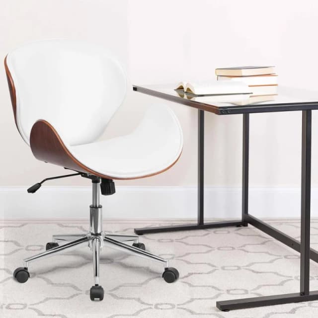 FWStyle Walnut Effect White Faux Leather Executive Office Swivel Chair White Unisex