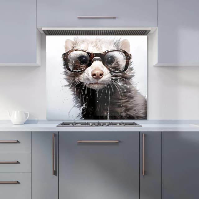 Warren Reed - Designer Splashart Ferret With Glasses Kitchen Splashback in Grey Size: 600mm x 750mm Grey Unisex 600mm x 750mm