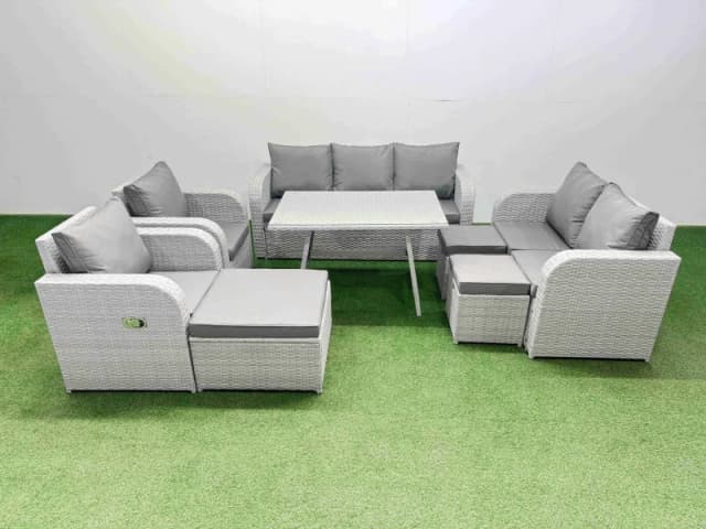Fimous Outdoor Rectangular Table Sofa Set with Reclining Chair 3 Stool in Light Grey Light Grey Unisex