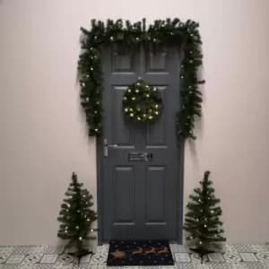 Set of 4 Green Pre Lit Warm White Christmas Outdoor Rovinj Pine Door Set Tree Wreath Garland
