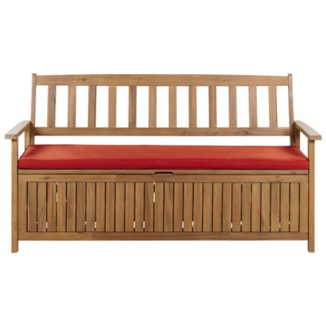Beliani Garden Bench With Cushion Sovana 160 Cm With Storage Acacia Wood Red