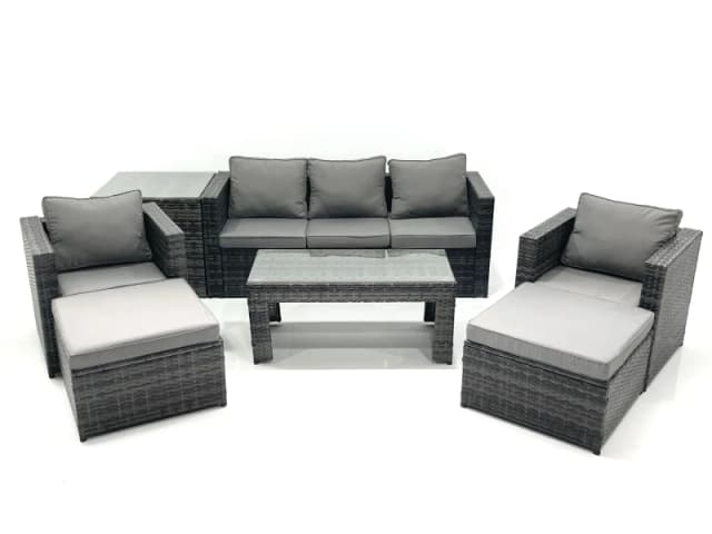 Fimous 7 Seater Rattan Garden Furniture Set Outdoor Lounger Sofa with Coffee Table 2 Armchair 2 Big Footstools Side Table Dark Grey Mixed Dark Grey