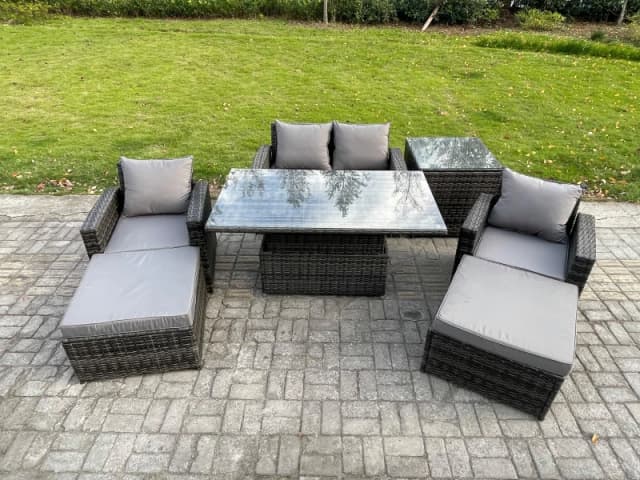 Fimous High Back Rattan Garden Furniture Sofa Sets with Height Adjustable Rising Lifting Table Side Table 2 Big Footstool in Dark Grey Dark Grey Unise