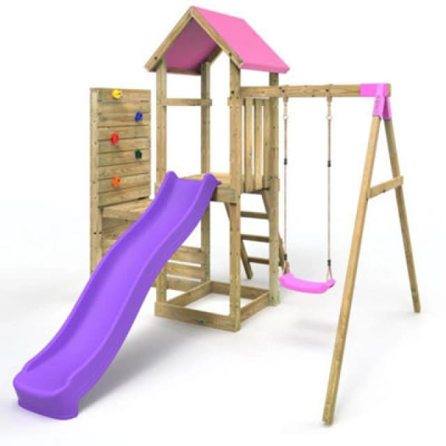 Rebo Wooden Climbing Frame with Swing, Vertical Climbing Wall and Slide - Rushmore Pink Pink
