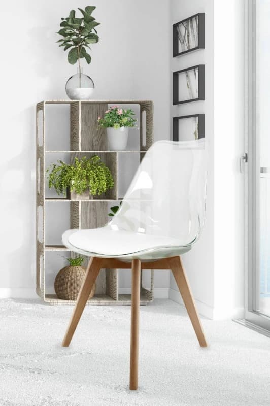 Fusion Living Soho Clear Plastic Dining Chair with Squared Light Wood Legs in White White Unisex