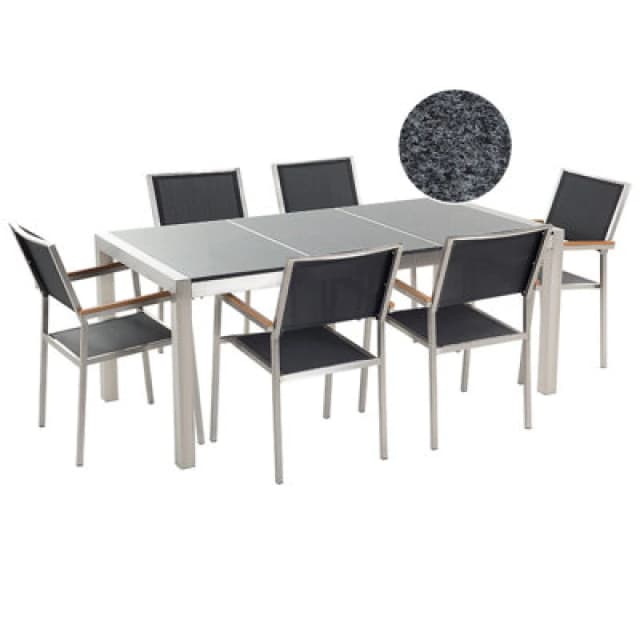 Beliani Garden Dining Set 6 Seater Grosseto Triple Plate Granite Polished Black/ Grey