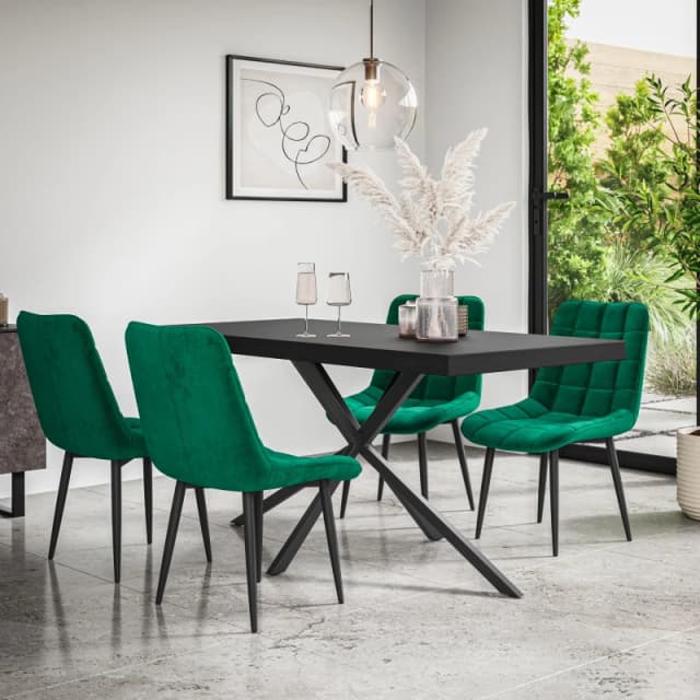 More4Homes Donni Dining Table And Chairs - Black Table Top W Black Legs + Nova Velvet Dining Chair Set Of 4 (Green)