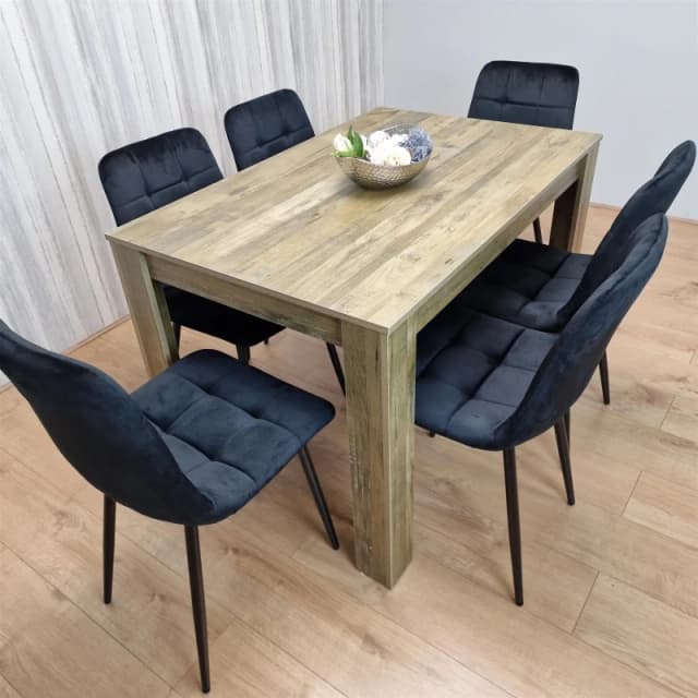 KOSY KOALA KOSY KOALA Dining Table and 6 Chairs Rustic Effect Wood Table 6 Black Velvet Chairs Dining Room in Brown Size: 140cm x 80cm Brown 140cm x