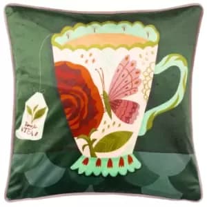 Time For Tea Illustrated Cushion Green / 43 x 43cm / Polyester Filled