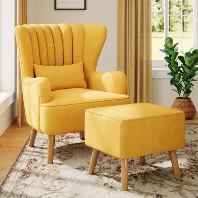 Kabinet UK Faux Wool Upholstered Armchair and Footstool Yellow unisex One size