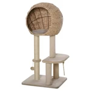 PawHut Cat tree Tower 100cm Climbing Activity Center with Sisal Scratching Post Condo Perch Hanging Balls Teasing Rope Toy Cushion Cattail Fluff