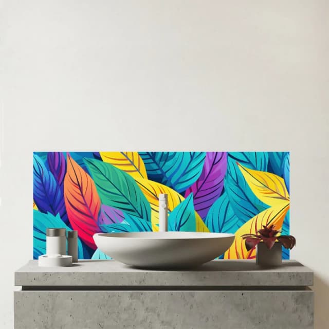 Warren Reed - Designer Bright Colourful Leaves Glass Bathroom Splashback in Blue Blue Unisex