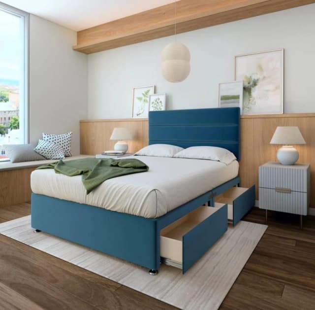 Bedmaster Bedmaster Memory Maestro Memory Foam Plush Velvet 4 Drawer Divan Set And Headboard in Blue Size: Super King Blue Super King Unisex 9509382