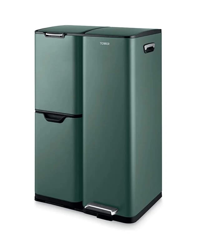 Tower Tower Recycling Pedal Bin, Three Individual Compartments with Removable Inner Buckets, Carbon Steel Body, 60L, Forest Green in Dark Green Dark G