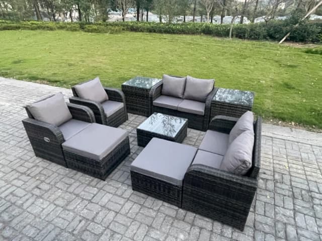 Fimous Garden Furniture Set Rattan Outdoor Lounge Sofa Chair With Tempered Glass Table 2 Big Footstool 2 Side Tables Dark Grey Mixed Dark Grey