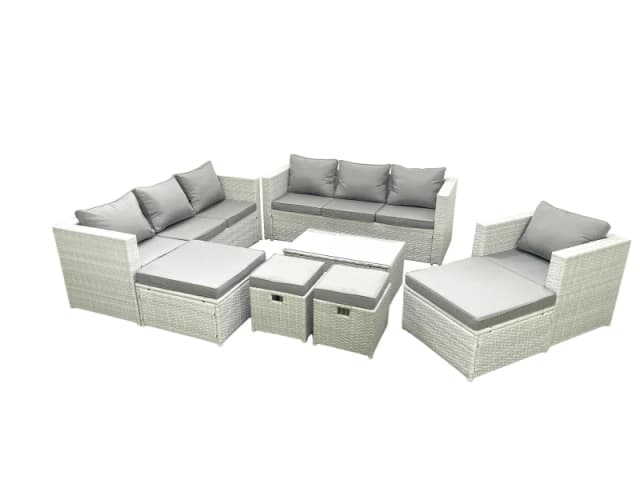 Fimous Rattan Garden Furniture Set 8 Pieces Outdoor Garden Sofa Chair Coffee Table Set with 4 Footstools Light Grey Mixed Light Grey
