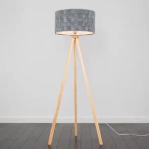 Barbro Light Wood Tripod Floor Lamp with XL Grey Monza Shade