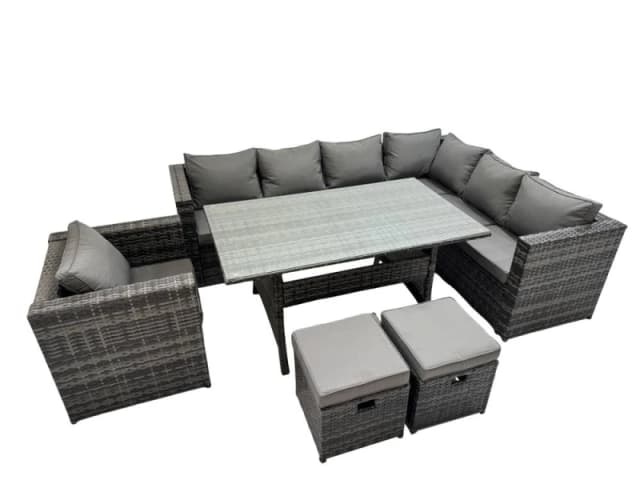 Fimous 10 Seater Patio Dining Corner Sofa Sets with Chair 2 Small Stools in Dark Grey Dark Grey Unisex