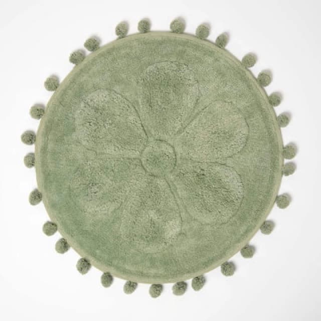 Homescapes Floral Bath Mat Sage Green 100% Cotton With Pom Pom Edges