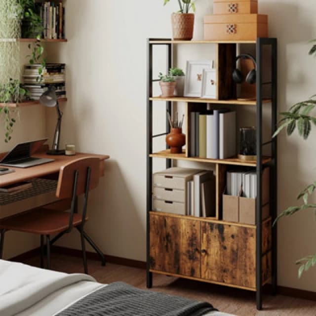 LEDREM Bookshelf, Storage Shelf With Doors, 4 Shelves, For Living Room, Office, Rustic Brown And Ink Black