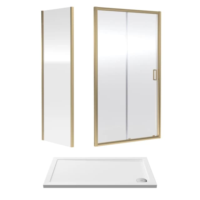 Balterley Sliding Shower Door, Side Panel and Tray 1200x700x1900mm Brushed Brass White