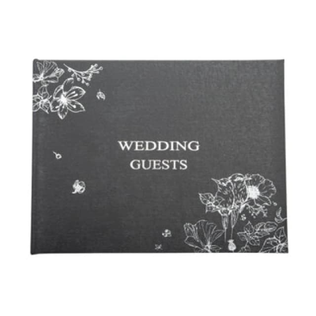 Happy Homewares Beautiful Black Satin Fabric Wedding Day Guest Book With Silver Floral Decor