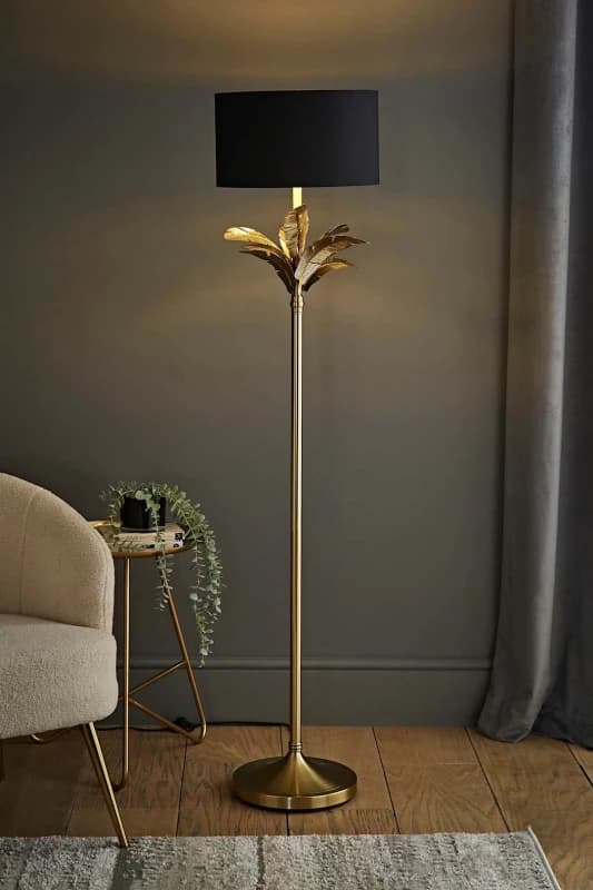 ValueLights ValueLights Christina Fabric with Metallic Gold Inner Drum Shade Gold Palm Leaf Floor Lamp in Black One Size Unisex 5059406065446