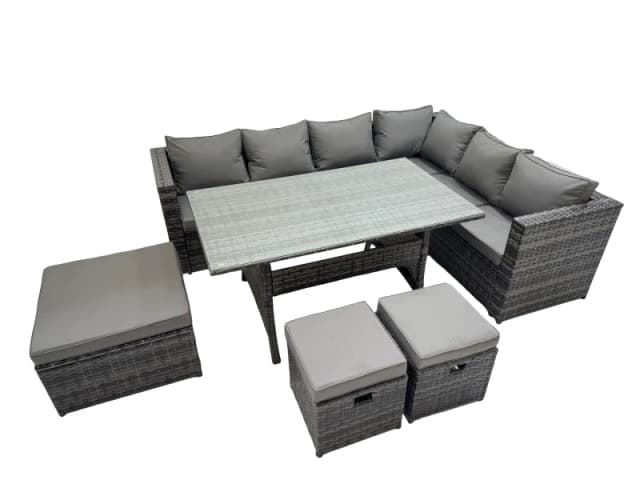 Fimous 9 Seater Patio Dining Corner Sofa Set with 3 Footstool Dark Grey Mixed Dark Grey Unisex