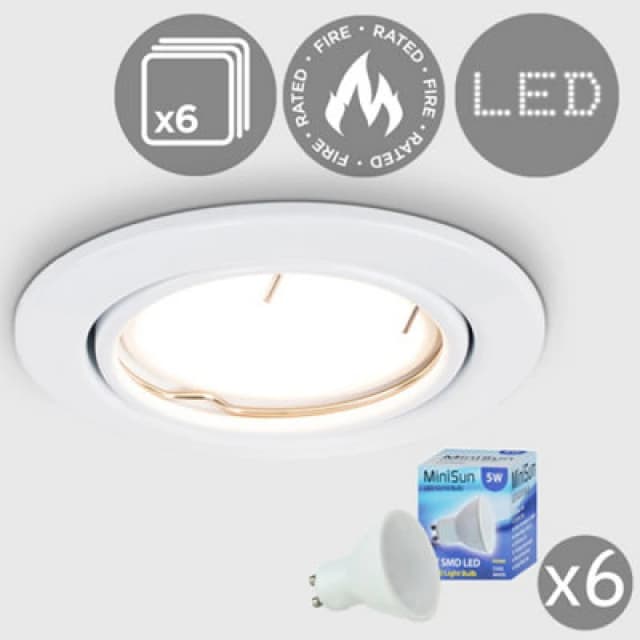 ValueLights Downlight Tiltable Fire Rated Ceiling Light Fitting 6 Pack With Cool White Bulbs White