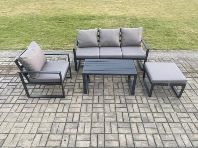 Fimous Aluminium Outdoor Garden Furniture Set Patio Lounge Sofa with Oblong Coffee Table Big Footstool Armchair Dark Grey Dark Grey Unisex