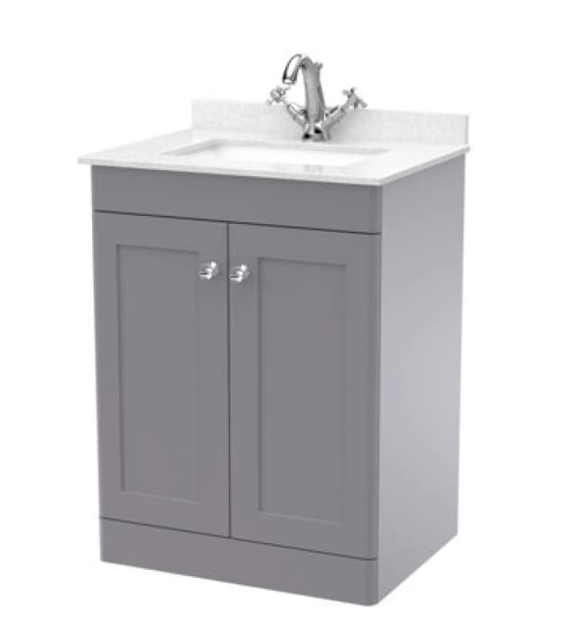 Nuie Classique Floor Standing 2 Door Vanity Unit & 1 Tap Hole White Marble Top With Square Basin