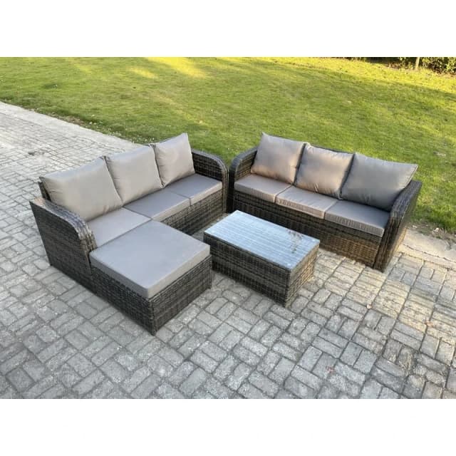 Fimous Outdoor Garden Furniture Sets 7 Seater Wicker Rattan Furniture Sofa Sets with Rectangular Coffee Table 3 Seater Sofa Dark Grey