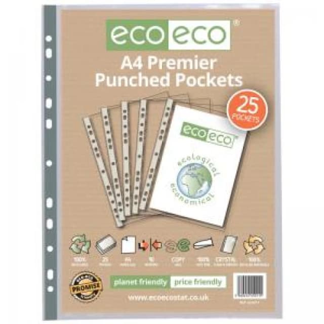 Eco Eco 100% Recycled Premier Punched Pocket A4 Clear (25 Pack) eco011-S