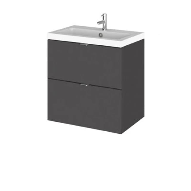 Hudson Reed Fusion Wall Hung 2 Drawer Vanity Unit & Polymarble Basin, Stylish Sink Vanity Unit, Gloss Grey, 500mm