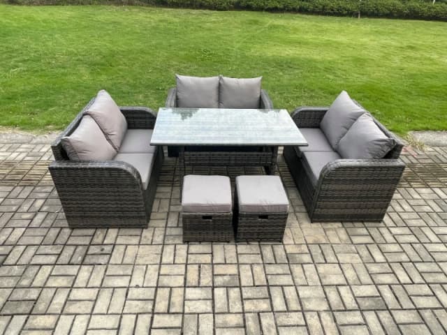 Fimous 8 Seater Outdoor Rattan Garden Furniture Set with Patio Rectangular Dining Table Love Sofa 2 Small Footstools Dark Grey Mixed Dark Grey Unisex