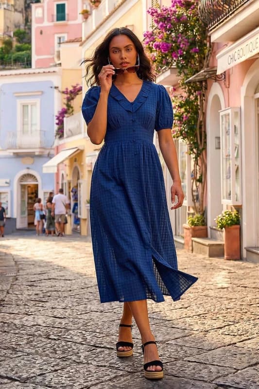 Roman Womens Textured Frill Midi Dress in Navy Size: 14 Navy Female 14